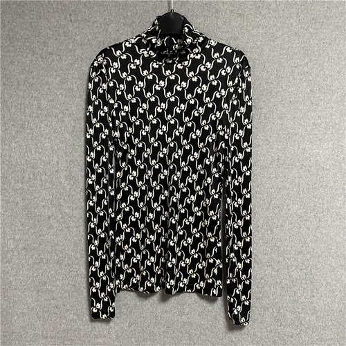 欧美时尚春秋印花百搭半高领桑蚕丝针织弹力女式通勤长袖T恤上衣