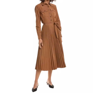 收腰系带百褶裙摆职场穿搭通勤衬衫 新款 卡其连衣裙 春秋季 欧美时尚