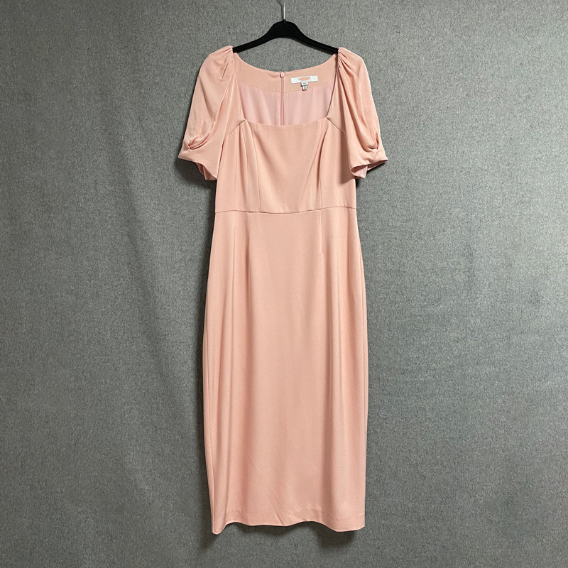 欧美时尚夏季休闲文艺风短袖方领修身小礼服通勤粉色长款连衣裙