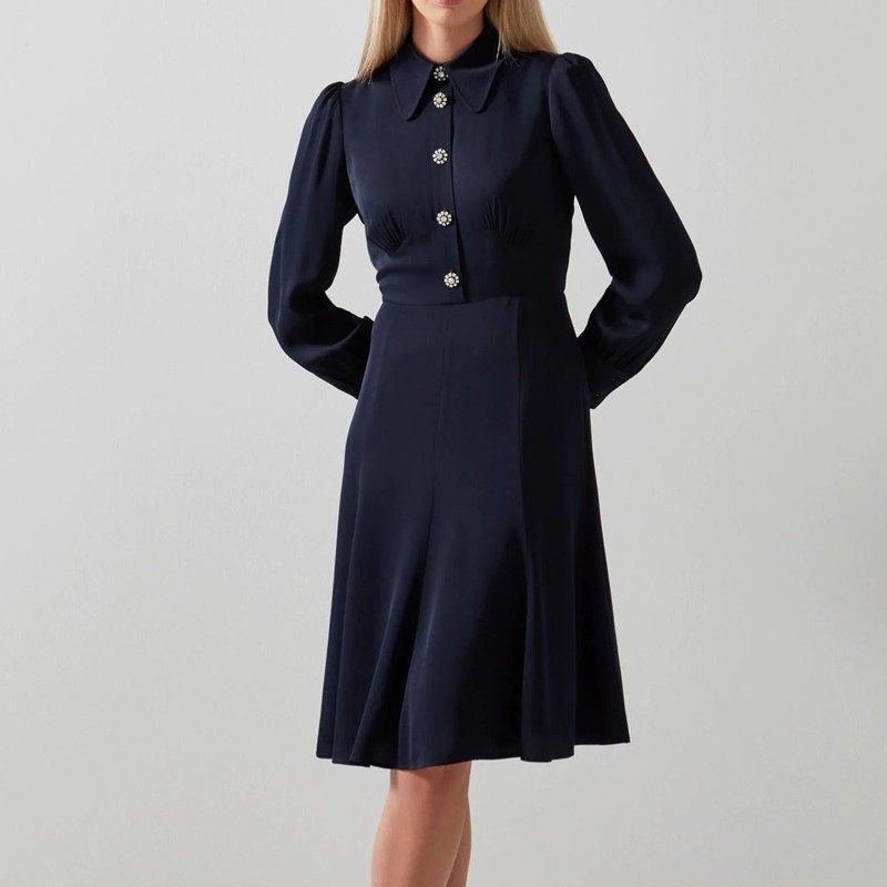 欧美时尚春秋季新款法式淑女风翻领长袖收腰A字气质衬衫裙连衣裙