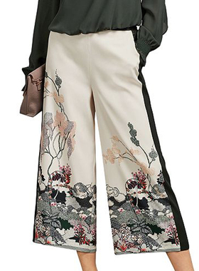 欧美时尚春秋夏季中国风水墨印花文艺宽松女休闲裤阔腿裤九分裤