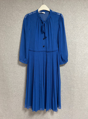 欧美时尚春夏季新款法式通勤蓝色长袖系带气质百褶中长款连衣裙