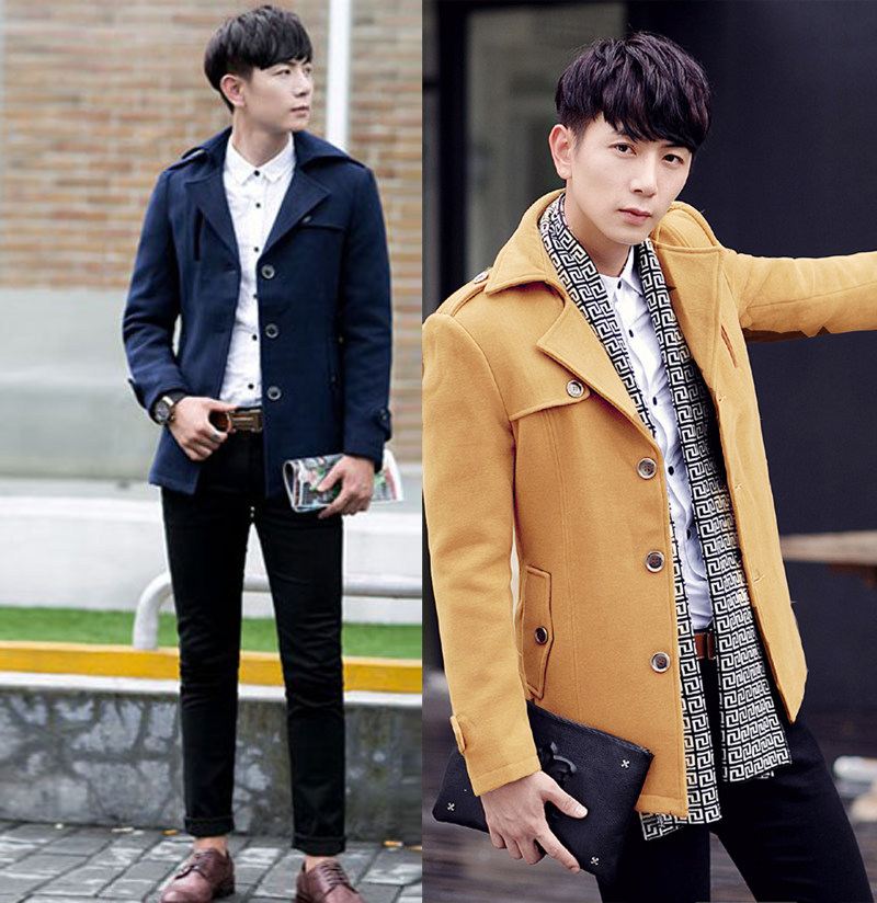 秋冬男韩版中短款风衣修身夹克加厚外套羊毛呢子男装青年英伦大衣