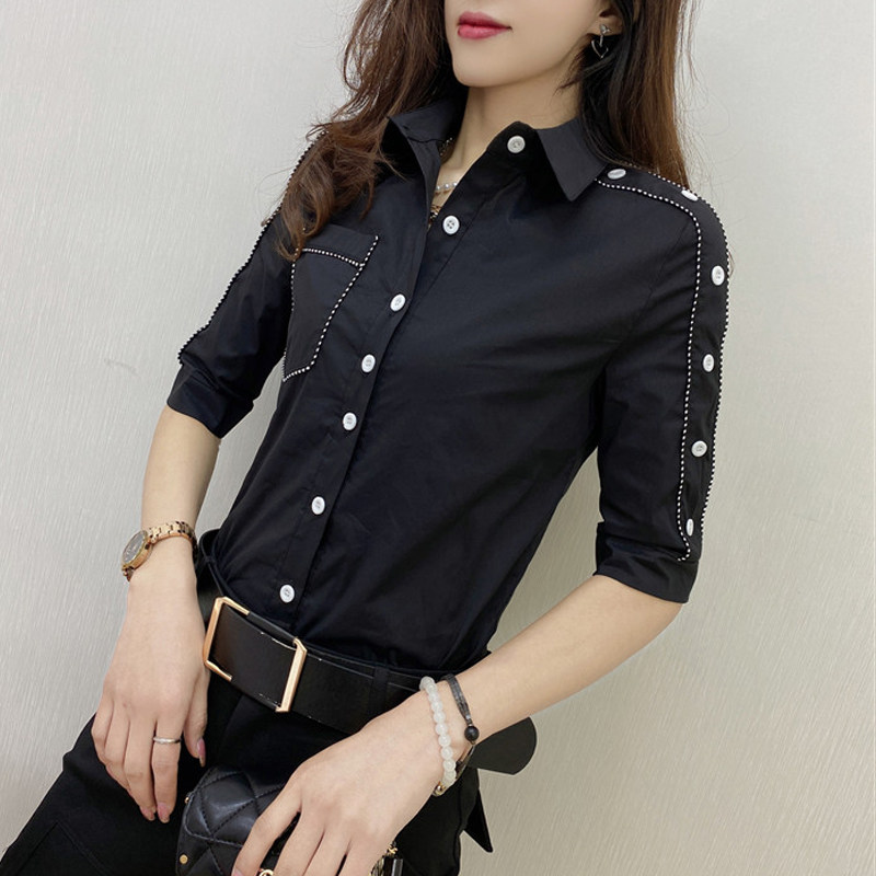 欧美夏季新品POLO领白色单排扣洋气百搭短袖衬衫上衣shirt欧货潮