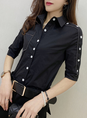 欧美夏季新品POLO领白色单排扣洋气百搭短袖衬衫上衣shirt欧货潮