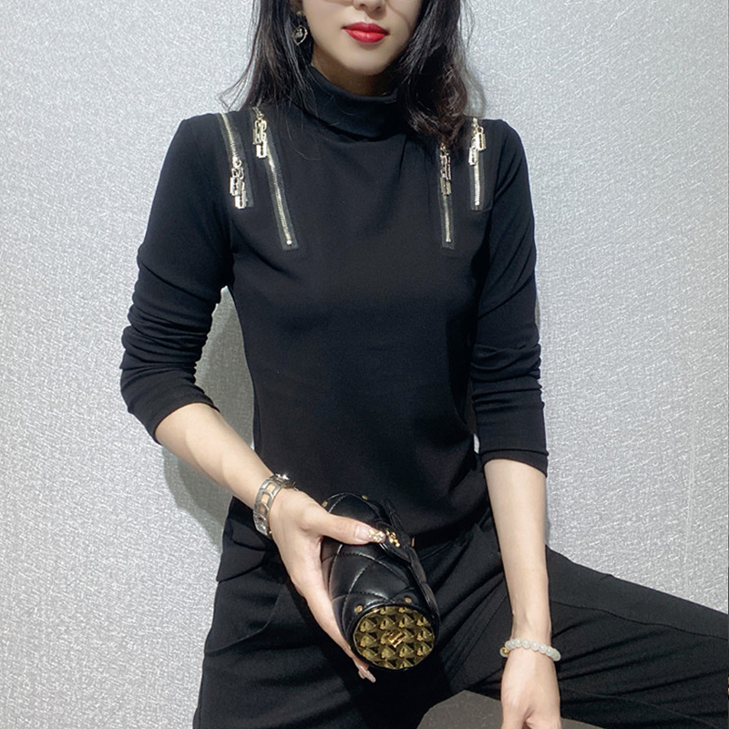 设计感黑色t恤女长袖冬季新款半高领打底衫时尚洋气欧货内搭上衣