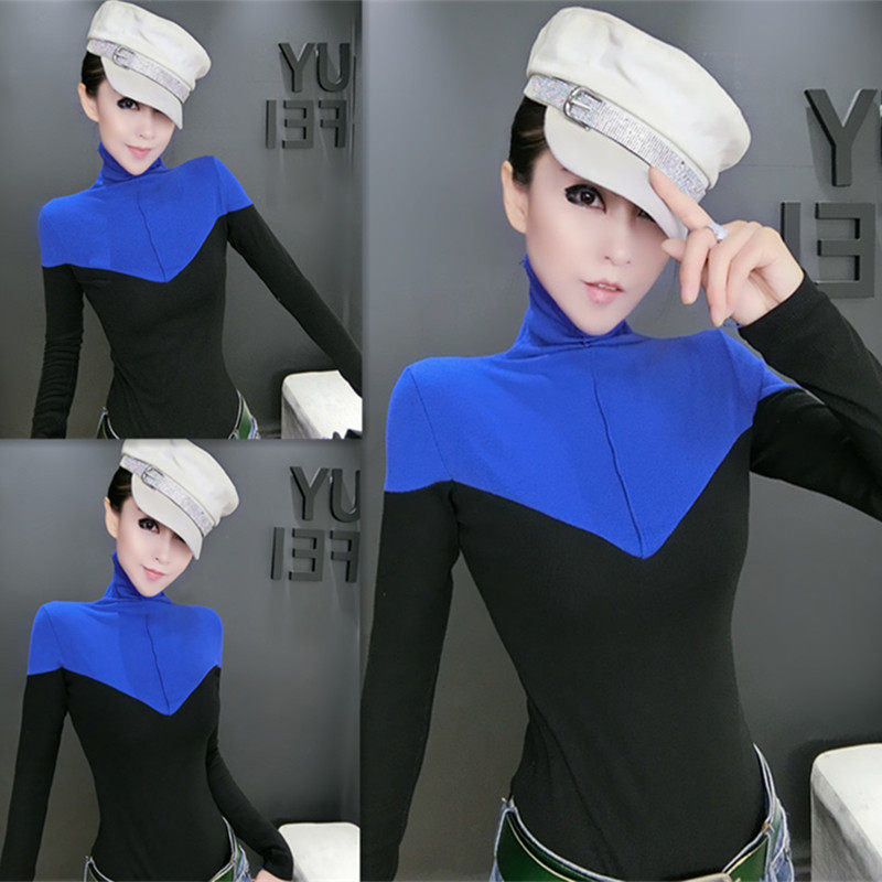 欧美气质高领上衣女冬ins修身内搭显瘦法式复古黑色拼色长袖t恤潮