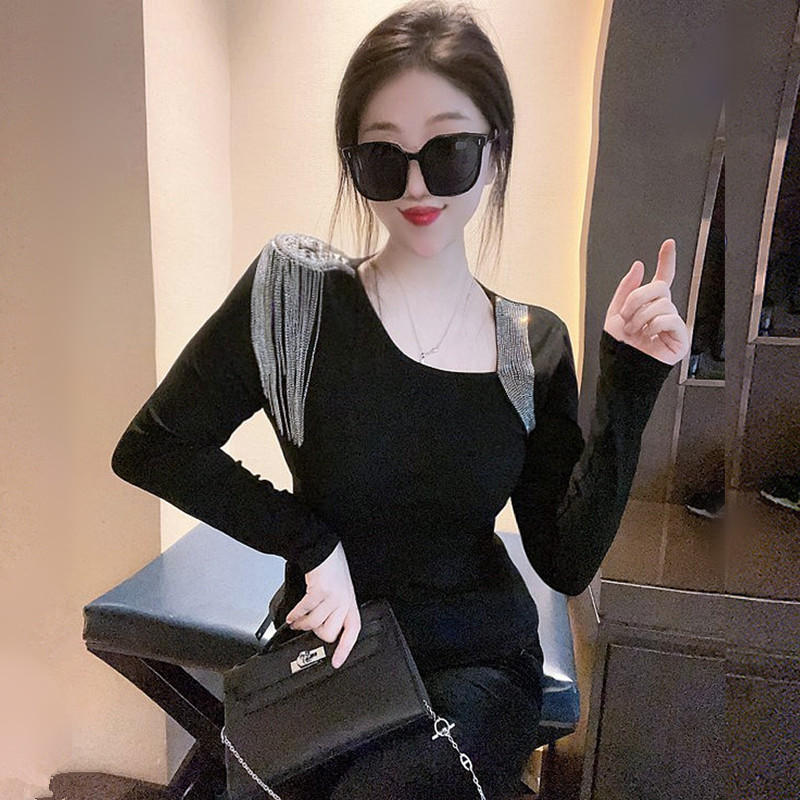 镶钻流苏V领长袖打底衫T恤女