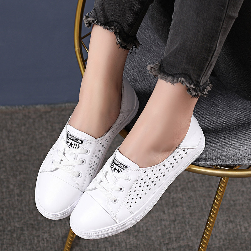 夏季镂空小白鞋女3233码真皮透气洞洞单鞋平底大码女鞋41-43百搭