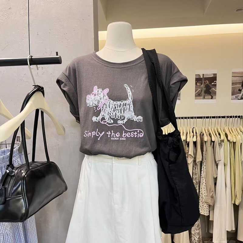 MissL飞袖线条狗狗字母时尚印花女背心T恤