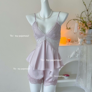 冰丝性感睡衣女蕾丝吊带短裤 家居服两件套 性感甜美带胸垫显白夏季