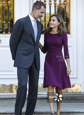 西班牙王后凯特王妃同款紫色连衣裙女秋 时尚名媛气质通勤OL遮肚