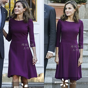 西班牙王后同款连衣裙夏 凯特王妃同款紫色淑女时尚通勤OLA字裙夏
