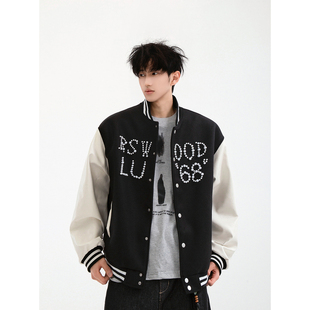 复古珍珠撞色棒球服百搭宽松情侣夹克外套男女拼接皮袖 25春季 美式