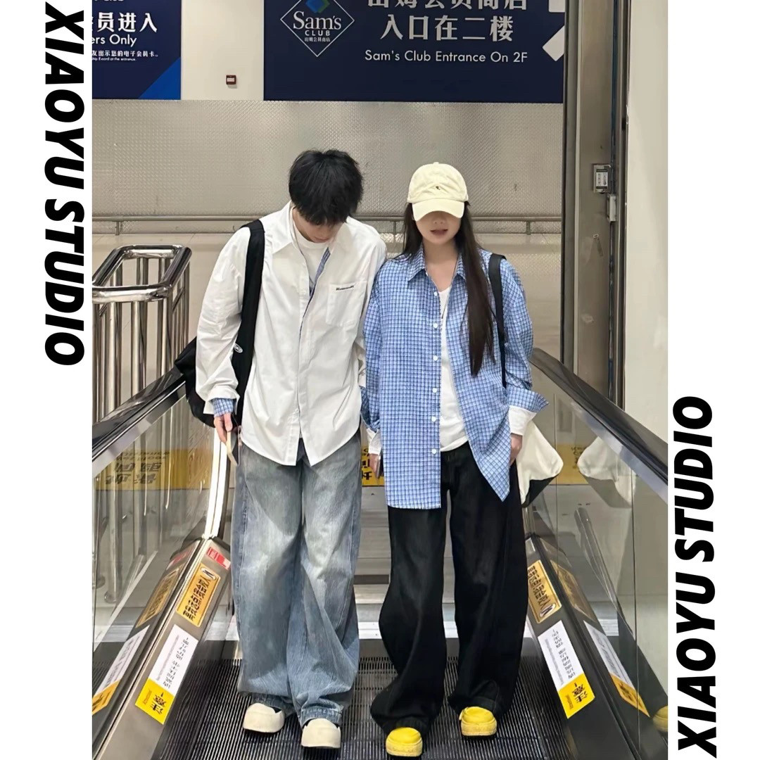 小鱼同款小清新格子衬衫假两件情侣男女同款ins韩风百搭长袖衬衣