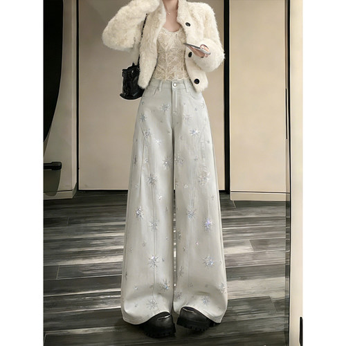 闪耀雪花烫钻弯刀月光白牛仔裤女2026秋季新款加长遮肉阔腿闪闪裤