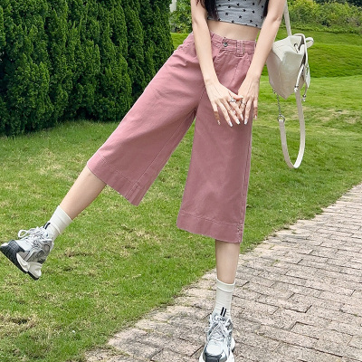 粉色七分窄版阔腿牛仔裤女夏薄款