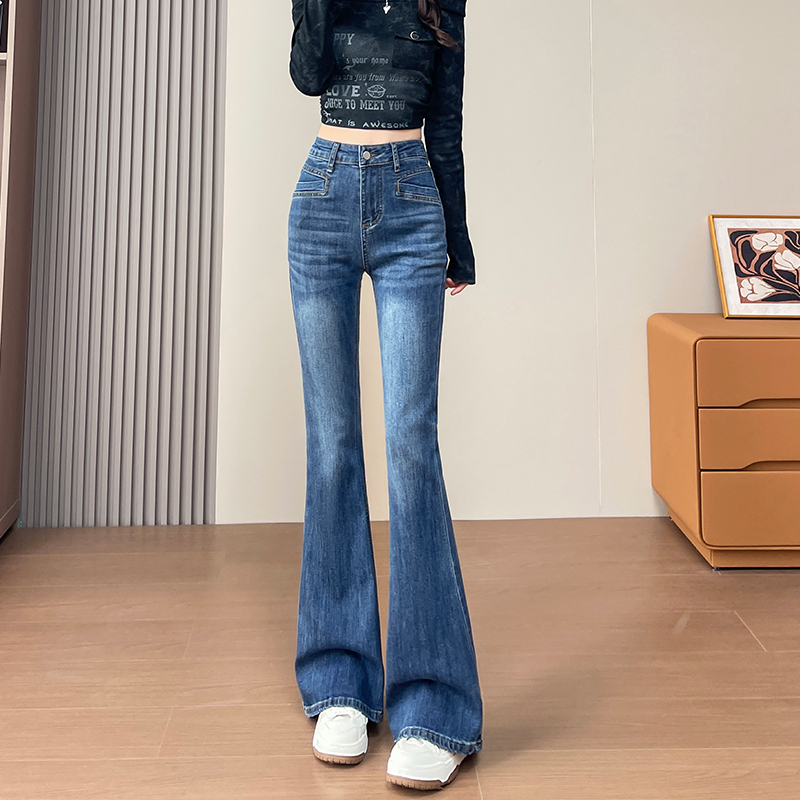 蓝色修身微喇叭牛仔裤女弹力裤子