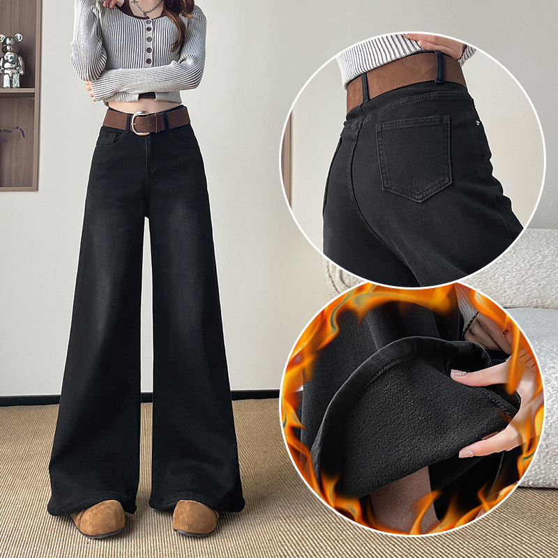 黑色磨毛大喇叭牛仔裤女加绒加厚