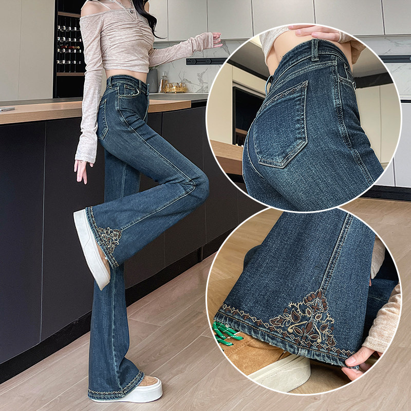 复古精致刺绣微喇牛仔裤显高修身