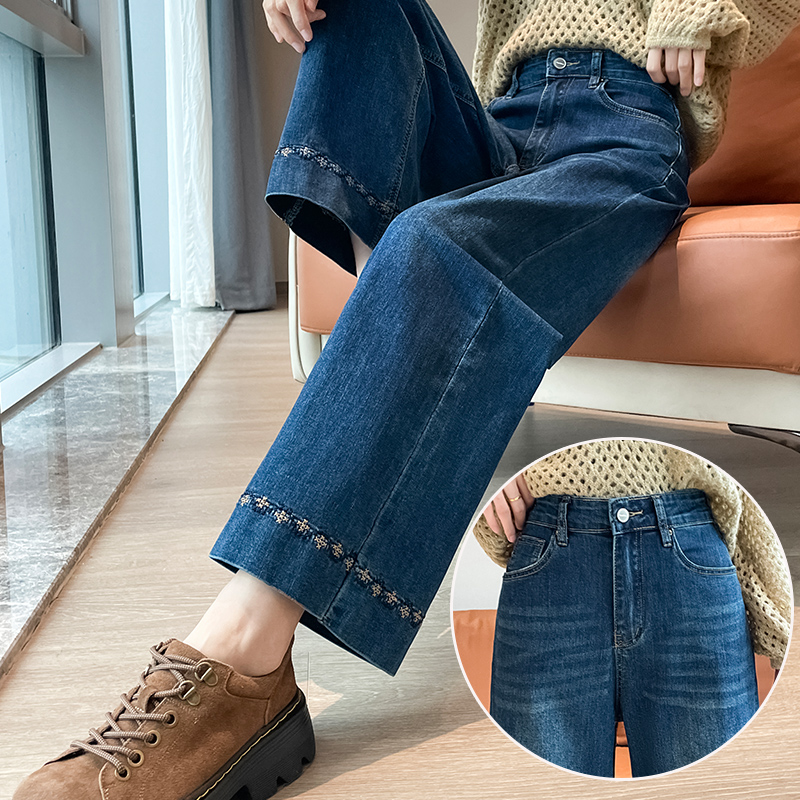 冬季加绒小个子刺绣牛仔裤女士