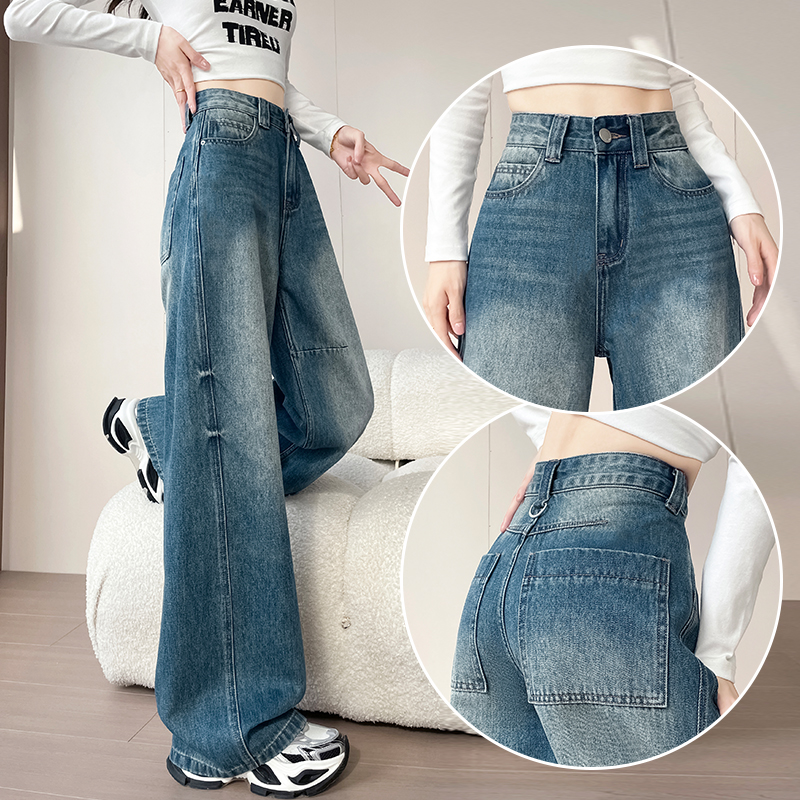 复古拼接镰刀裤女牛仔裤弯刀裤子