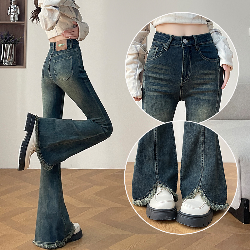 复古毛边侧开叉微喇牛仔裤女