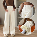 子 加厚宽松高级感直筒长裤 超火米白色阔腿加绒牛仔裤 女士2025冬季