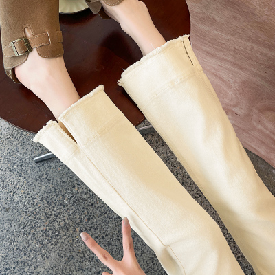 白色开叉毛边烟管裤女法棍牛仔裤