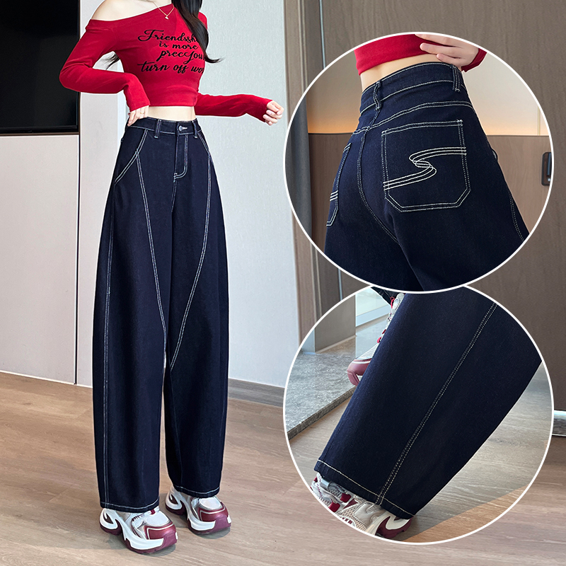 黑金蓝拼色弯刀裤女哈伦牛仔裤女