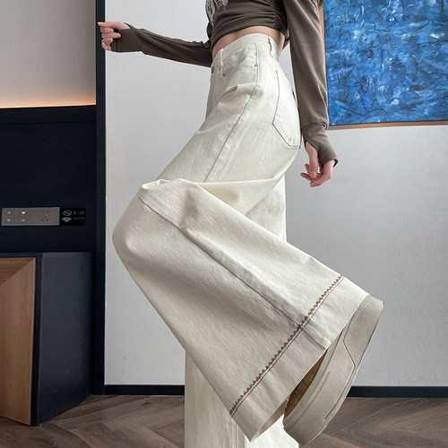 白色国潮刺绣阔腿牛仔裤女拖地裤