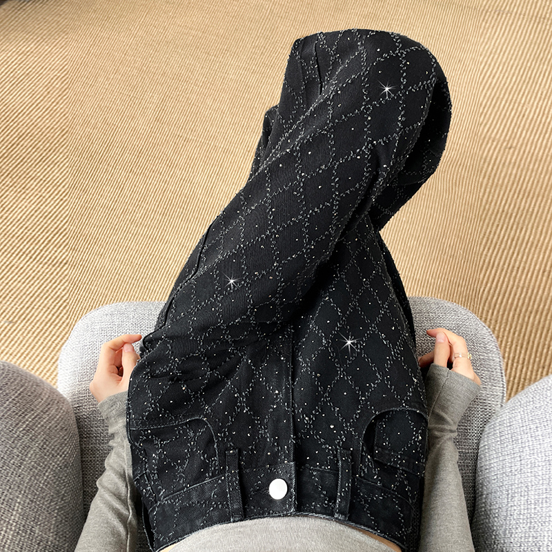 黑色闪钻提花直筒裤女时尚牛仔裤