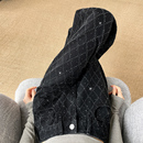 重工满天星加绒阔腿直筒裤 加厚新款 女2025冬季 黑色闪钻提花牛仔裤