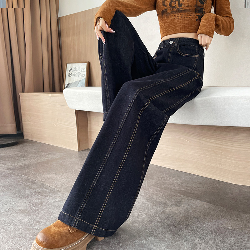 复古丹宁风撞色明线加绒牛仔裤