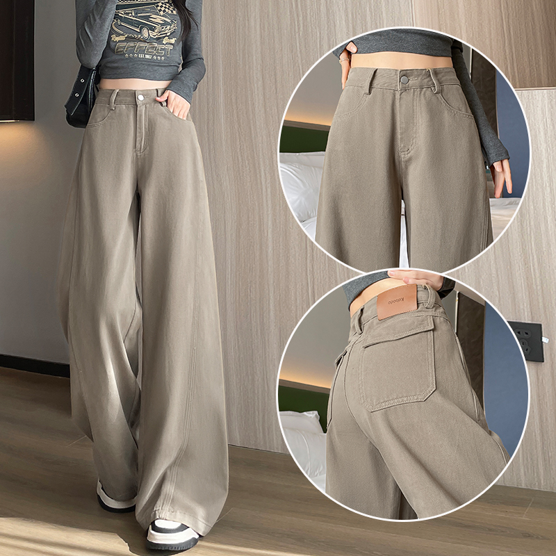 美式卡其色拼接阔腿牛仔裤