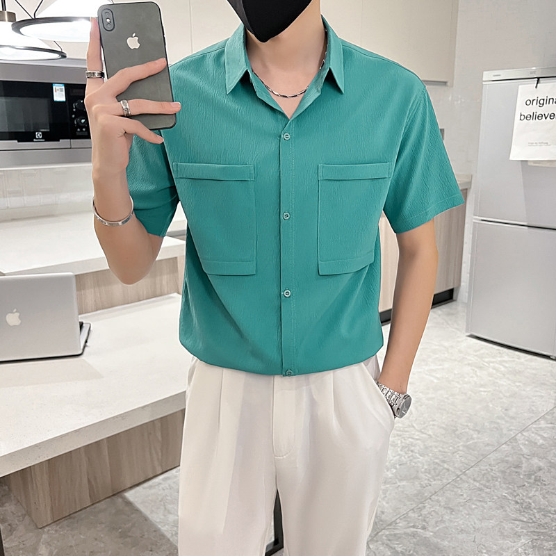 抖音直播店主风夏纯色百搭暗花衬衫短袖社会小伙A236-7017-P45,男装T恤,电商A236