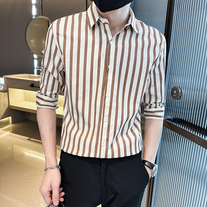 夏季轻熟店主小伙条纹修身休闲短袖衬衫男衬衣A236-A41-P55-控88，男装T恤，电商A236