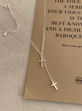 S925纯银镶钻十字架锁骨链甜酷风