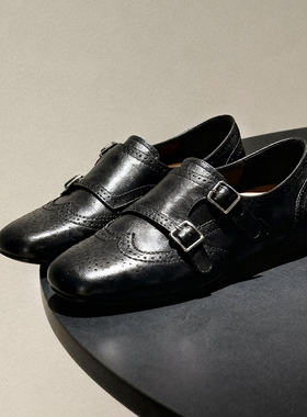 冉言4cm增高版头层牛皮复古雕花扣带小皮鞋早春漂亮单鞋