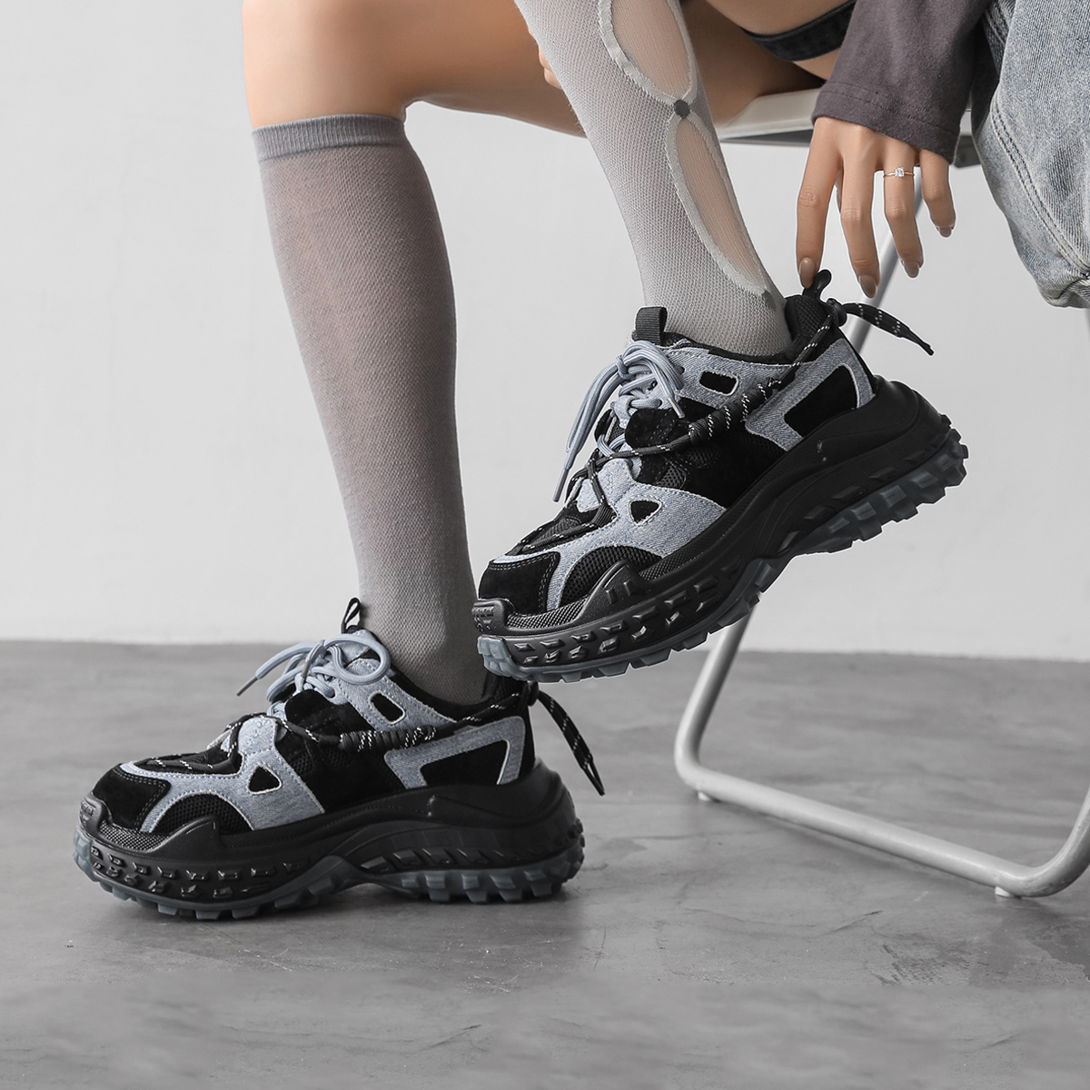 冉言复古厚底圆头老爹鞋