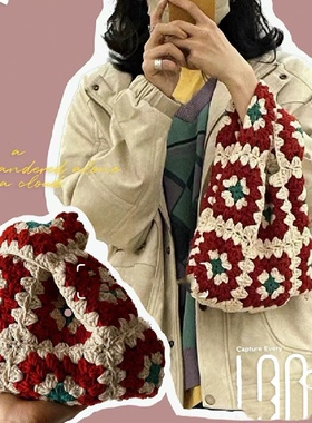 手工钩织祖母格包包毛线DIY编织材料包针织红色复古单肩包手拎包