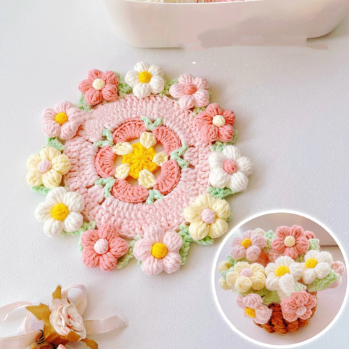 迷你玫瑰花束毯子杯垫花篮车挂件毛线钩针钩织手工diy编织材料包