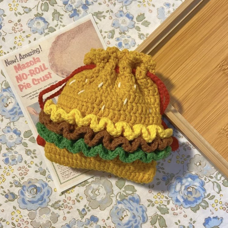 手工编织DIY钩针材料包汉堡包束口袋零钱包薯条包挂件小红书同款