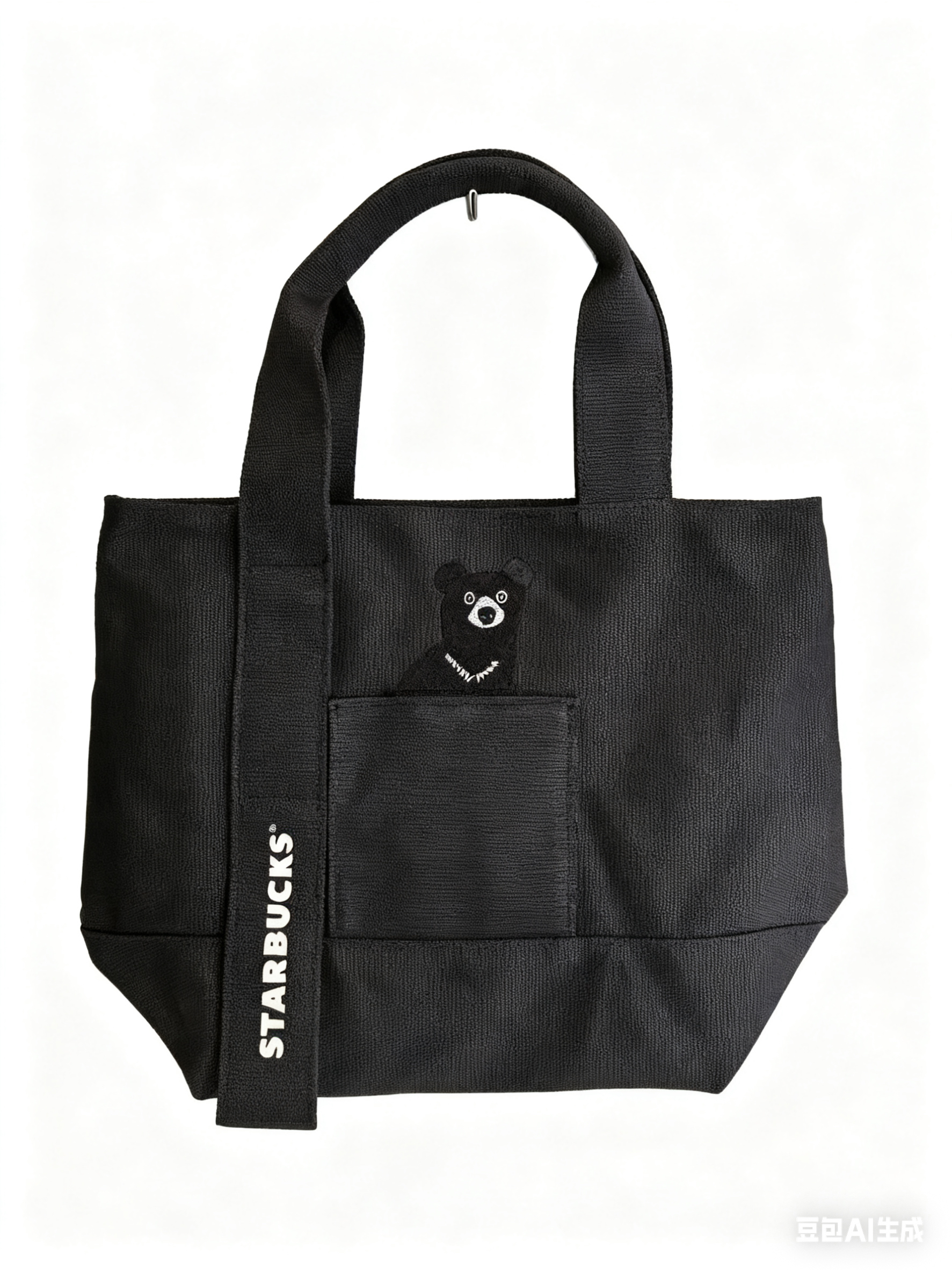 星爸爸 黑色刺绣小熊 双面 帆布手提包 有内里 托特包