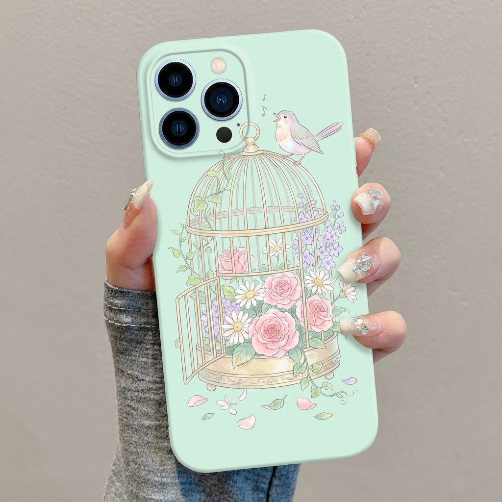 鸟笼玫瑰薄荷绿森系风手机壳适用苹果 17nova14 华为 p70mate60 小米 15OPPO Reno 荣耀 300iPhone16