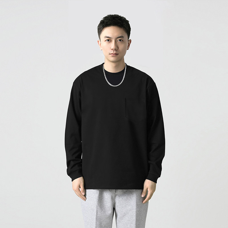 百机小领口长袖t恤男宽松纯色口袋打底衫圆领内搭春秋季重磅原创,男装,T恤,淘宝优惠券,粉丝福利购,淘宝优惠卷