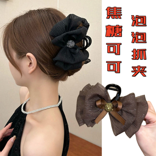 新款 双面蝴蝶结云朵泡泡抓夹优雅发夹头饰后脑勺高级感网纱鲨鱼夹