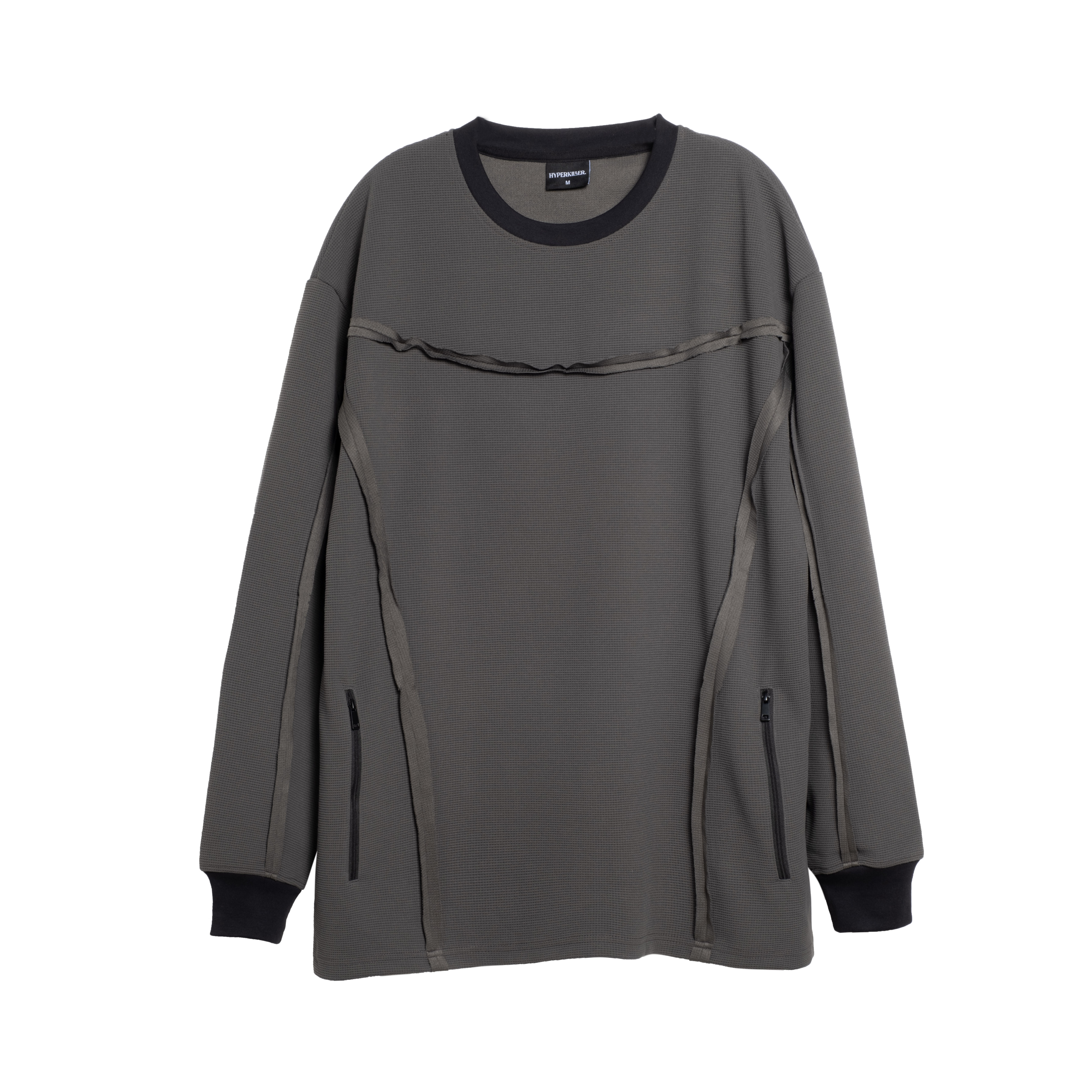 李峙锦HYPERKILLER25FW口袋华夫格炭黑色花边圆领卫衣长袖上衣