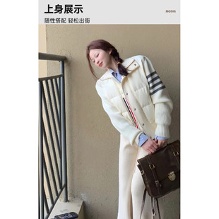 小个子加棉轻薄针织毛衣拼接短款四条杠夹棉外套女棉服2026秋冬款
