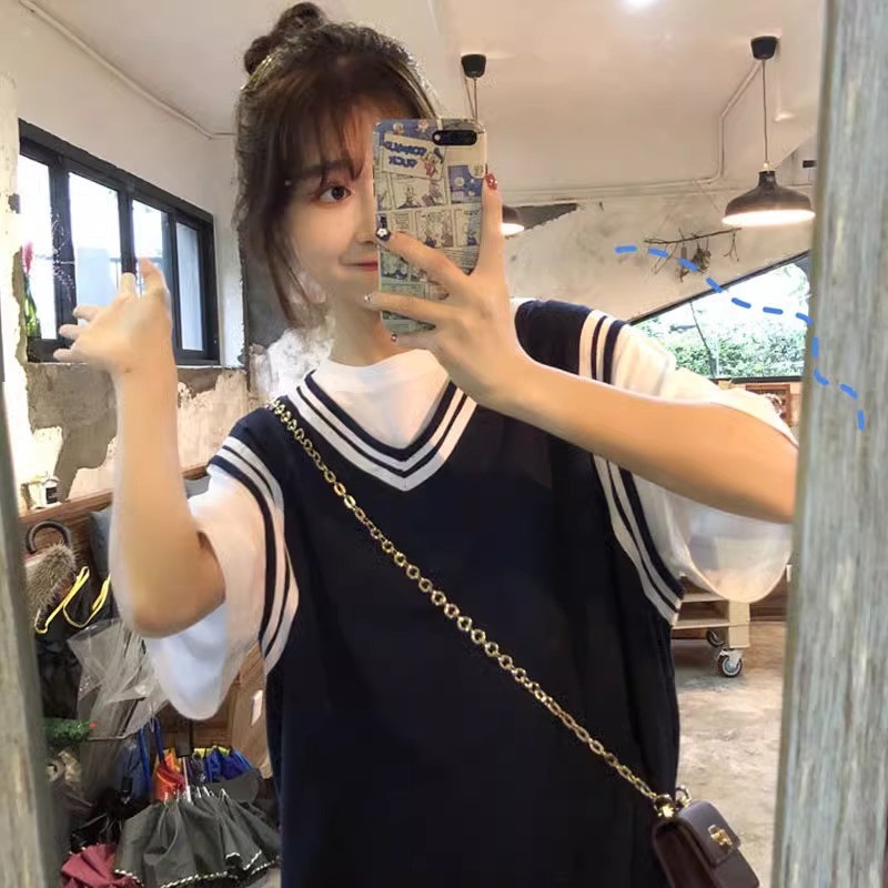 深蓝色假两件短袖t恤女夏欧货